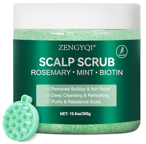 Scalp Scrub, Rosemary & Mint Oil & Biotin Scalp Exfoliator Scrub Shampoo with Silicone Cleansing Massager, Hair Treatment for Itchy Scalp, Dandruff & Buildup Removal & Thick and Strong Hair Growth