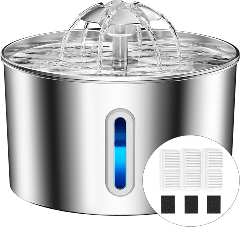 BalimoPet Cat Water Fountain for Drinking - 74oz/2.2L Cat Fountain Stainless Steel Flower Style, Silent Automatic Wired Pet Water Fountain Triple-Filter Water Fountain Cat Bowl 3 Filters 3 Sponges