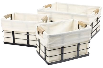happimess BSK3002A-3SET Callan Vintage Industrial Wire Metal Nesting Storage Baskets with Wood Handles and Fabric Liner for Shelves, Cabinets, Pantry, Countertop, Mesh Open Bin, Black (Set of 3)