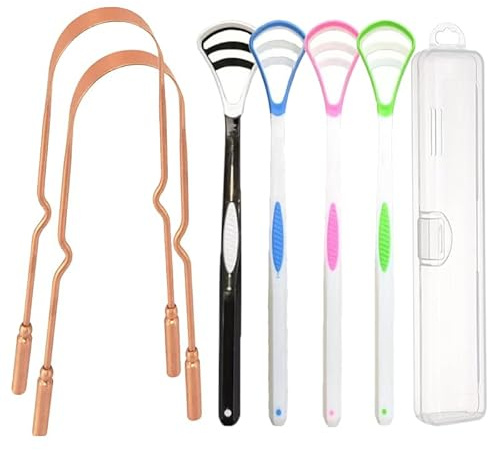 UBLNNFY Copper Tongue Scraper Set Tongue Cleaner Kits Plastic Oral Tongue Cleaning Tools Brush for Fresh Breath and Mouth Hygiene Care with Travel Case (3.0” x 5.0”)