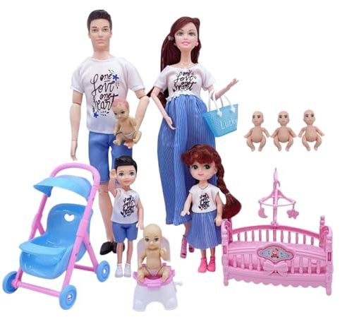 Grtheenumb babydocka | familjedockset, säkert gravidset med pappa och 3 barn, 5 personer med dockhustillbehör, rollspelsleksak för barn