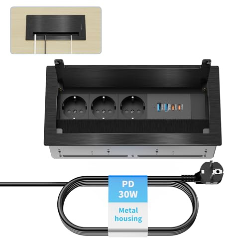 Arbetsplan med 3 uttag, 2 USB-C PD 30W, aluminium