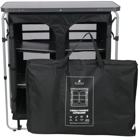 Hi-Gear 4 Shelf Double Cupboard with Durable Steel Frame & Water Resistant Fabric, Easy to Assemble, Portable, Folding Storage Unit, Organiser, Ideal for Camping and Festivals, includes Carry Bag
