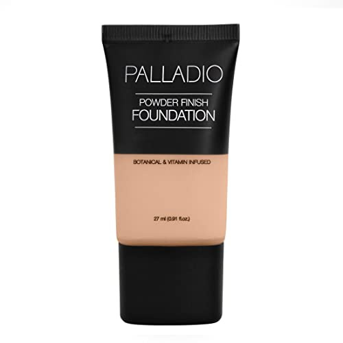 Palladio Powder Finish Liquid Foundation, Natural Matte Appearance, Reduces Fine Lines, Covers Large Pores, Hides Imperfections, All Day Wear, Sheer to Medium Coverage, Sandy Beige