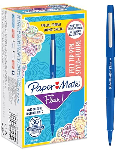 Paper Mate Flair Felt Tip Pens | Medium Point (0.7 mm) Writing Pens | Blue Pens | For Writing, Drawing & Sketching | 36 Count