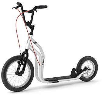 YEDOO Three Tretroller - ab 140 cm Körperhöhe, bis 120 kg, mit Luftreifen 16/12 - Cityroller für Erwachsene und Kinder mit verstellbarem Lenker und Ständer, weiß