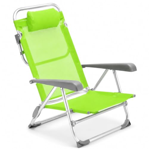 BAKAJI Spiaggina Pieghevole Portatile Schienale Reclinabile Sdraio con Struttura Tubolare in Alluminio Rivestimento Tessuto Textilene Poggiatesta Imbottito per Spiaggia Mare Campeggio (Verde)