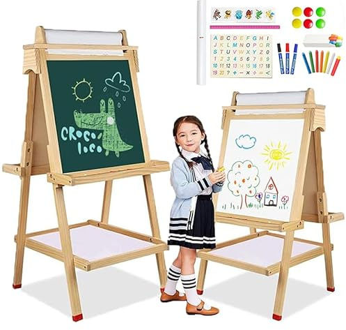 Chevalet pour enfants avec rouleau de papier, tableau noir double face, tableau blanc, peinture en bois, chevalet debout réglable en hauteur avec plateau de rangement, lettres, chiffres et autres