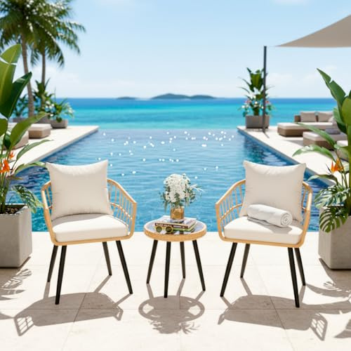 IJIALIFE 3 Pieces Patio Bistro Set, Boho Wicker Balcony Furniture with Thickened Cream Cushions, Space-Saving Wicker Conversation Set for Small Porch, Apartment, Garden & Backyard Oasis