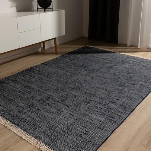 benuta Basic Baumwollteppich Tom - Dunkelblau 60x100 cm - Handgewebter Wohnzimmer Teppich - 100% Recycelte Baumwolle - Für Fußbodenheizung geeignet