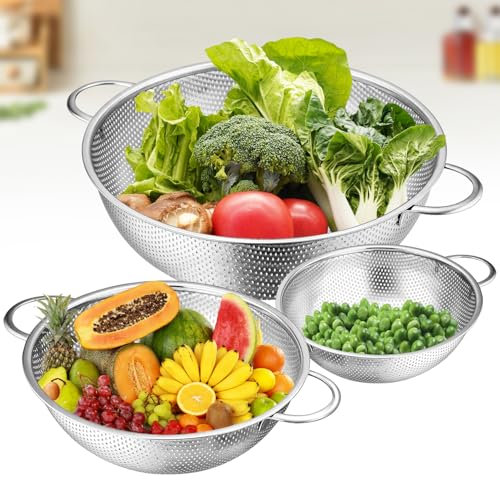 Küchensieb 3er-Set, Abtropfsieb, Edelstahl Nudelsieb mit Griffen, Mikroperforiertes Sieb für Ablaufen & Straining Nudeln, Reis, Früchten, Obst, Gemüse, Spülmaschinenfest, 16cm/22cm/28cm