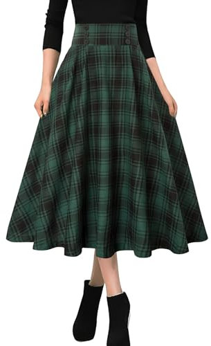 MGizo DtiSpectrum Karierte Faltenröcke für Damen – Vintage-Knopfleiste Vorne, Hohe Elastische Taille, Tartan, Midilänge, A-Linie, Ausgestellter Faltenkilt