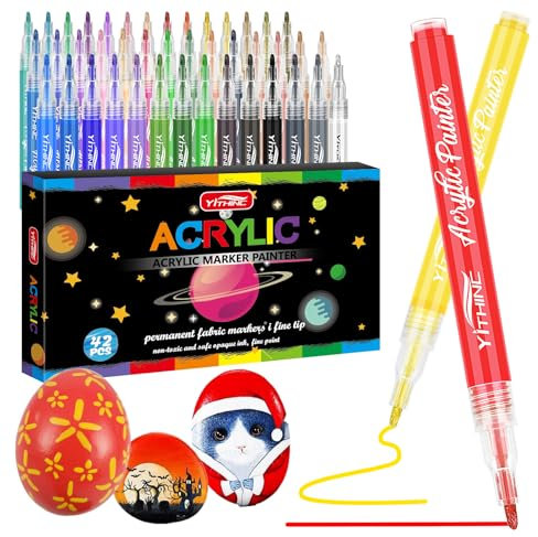 YITHINC Pennarelli Acrilici, 42 Colori Permanenti Pennarelli Acrilici per Dipingere Sassi,Pennarello Acrilico per Legno, Vetro,Pennarelli Bambini,Tessuti, Atossici,Uova di Pasqua, Punta Media