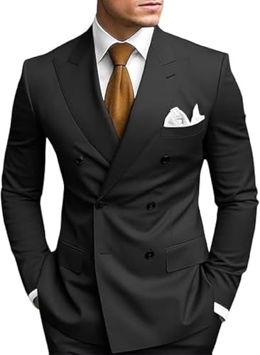 TSxuelian 2 Pezzi Doppio Petto Vestito Uomo Slim Fit Mens Doppio Petto Blazer Pantaloni Set Matrimonio Prom Homecoming Suit, Nero , L