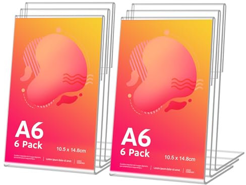 CIOXSOIO 6 Pezzi Espositore Plexiglass A6, L forma Porta Cartelli in Acrilico Porta Fogli Cornice Plexiglass Trasparente Porta Menu Da Tavolo Per Ristorante, Caffetterie, Ufficio, Foto