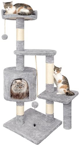 Cat Tree, 112cm Cat Scratching Post for Indoor Cats, Multi-Level Stable Cats Tower with Sisal Scratching Posts, Plush Toy Balls, Cave, Sisal Rope for Kitten Climbing, Playing, Relaxing, Grey