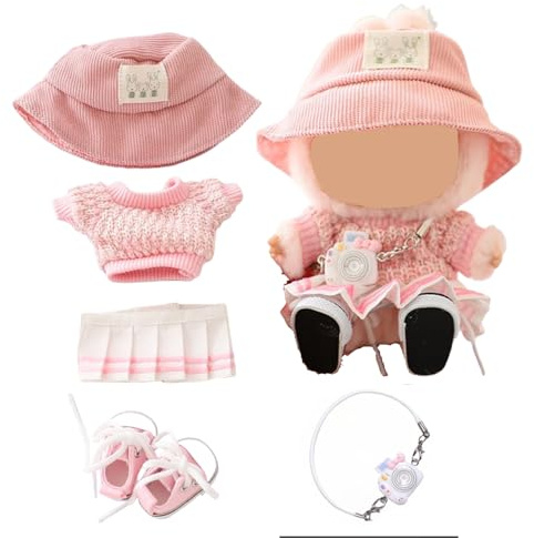 HLIAZJM Clothes for Labubu Doll, 5 Pieces Set, Pink, Crochet, Fashion, Includes Hat, Sweater, Skirt, Camera Model, 2 Shoes, 15cm & 17cm Dolls