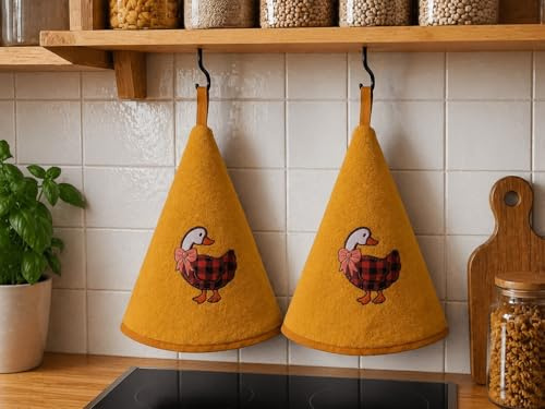 Corredocasa Set 2 Strofinacci Cucina Spugna 70cm, 100% Made in Italy - Canovacci da Cucina di Alta qualità e Massima Asciugatura con Comodo Appendino - Set di Stracci Rotondi (Giallo Oca)