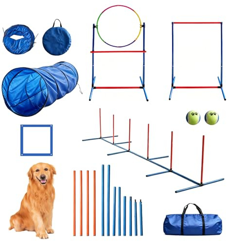 OKSTENCK Dog Agility Equipment Set,6-Piece Agility Training Set Adjustable Hurdles, Pause Box, Agility Poles, Tunnel, Jump Rings and Carry Bag.