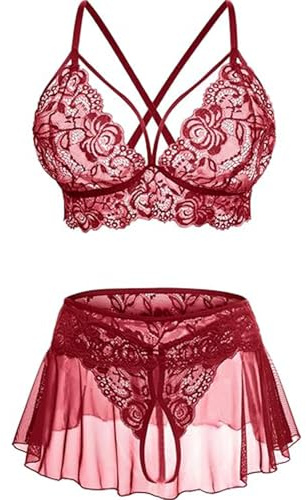 JFAN Conjunto Lencería para Mujer 3 Piezas Transparente Cuello en V de Encaje Mini Babydoll Floral Conjunto de Push Up Sujetador y Tanga，Burdeos Talla única