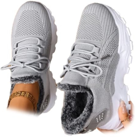 Scarpe da ginnastica ortopediche da donna, invernali, calde, foderate in pile, leggere, con lacci, scarpe da ginnastica ortopediche con zeppa larga, supporto per arco plantare, Grigio chiaro, 44 EU