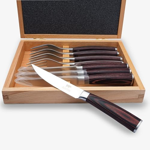 BEEFSTONE Set de couverts à steak 8 pièces, 4 couteaux à steak avec lame lisse de 12 cm + 4 fourchettes à steak, manches ergonomiques en bois Pakka, coffret cadeau en bois massif