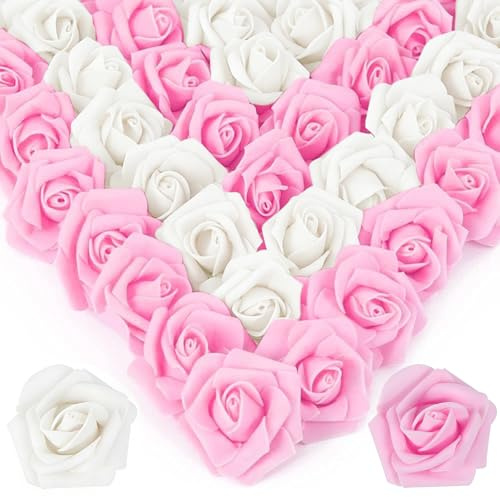 LUMINORD 100Pcs Real Looking Pink and White Blend Artificial Rose Flower Heads, Foam Fake Roses for DIY Wedding Decorations Baby Shower Centerpieces Home Party Valentine's Day Mother's Day Decor