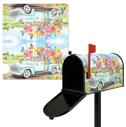 Blinket Mailbox Covers Magnetic Letter Box Wrap Beautiful Spring Flower Butterfly & Truck Design Mailbox Magnetic Standard Wrap Covers Spring Waterproof Post Wraps for Outside, 21 X 18 Inch