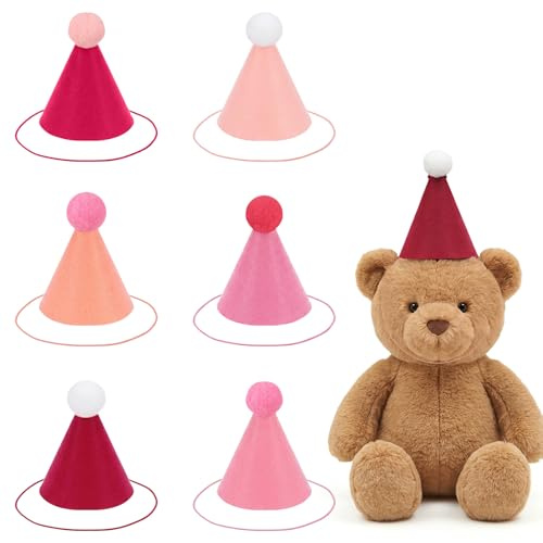 6 Pcs Mini Party Hats for Stuffed Animals Felt Pink Birthday Party Hats with Pom Poms Cone Small Birthday Hat for Stuffed Animals Cat Dog Rabbit Photo Props Adults Birthdays Decoration