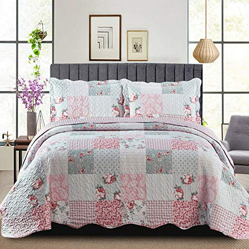 B&B Patchwork Quilt Bedspreads King Size Bedding - 3Piece Box Pattern Thick Cotton Filling Decorative Stitch Blanket Bed Throw With 2 Matching Pillow Cover Set - Floral Grey