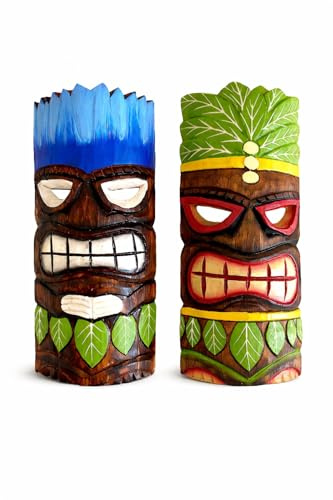 OMA Hand Crafted Hawaiian Polynesian Style Wooden Tiki Masks Totem Wall Hanging Decor, 12 High, Set Of 2