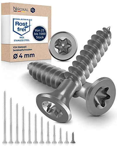Vite a testa svasata TORX V2A in acciaio inossidabile 4-mm di spessore - Lunghezza della vite di 16-mm - 25 pezzi - Filettatura parziale di 14-mm Vite per legno 4x16