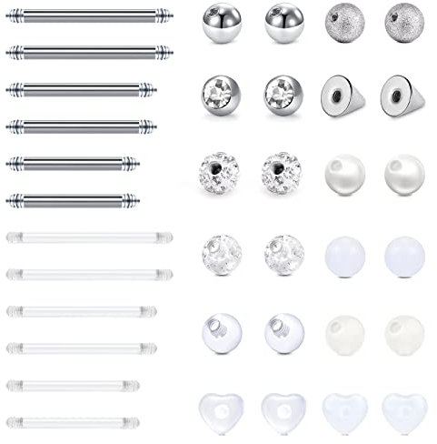 Funseedrr 18 Paar Ersatzstab Ersatzkugeln für Zungenpiercing Brustwarzenpiercing Nippelpiercing Edelstahl Acryl 14G 12/14/16mm Piercing Stab Kugeln