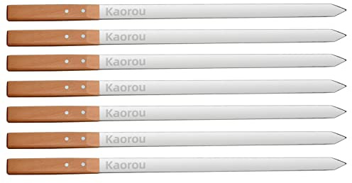 KAOROU Kabob Skewers 23 Inch Long,1 Inch Wide Heavy Duty Stainless Steel with Wood Handle， Perfect for Koobideh Kebab Persian/Brazilian Style Chicken Shrimp Kebab,Set of 7 with Bag