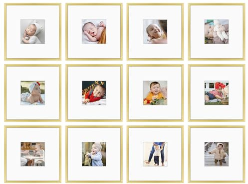 Golden State Art, 8x8 Gold Aluminum Frames with Mat for 4x4 Photos - Premium Metal Frames with Real Glass Cover, Perfect for Elegant Gallery Walls in Your Home or Office Decor (12-Pack)
