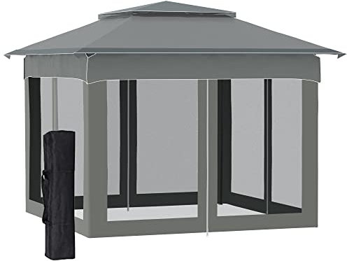 Outsunny 3 x 3(m) Pop Up Gazebo, Double-roof Garden Tent with Netting and Carry Bag, Party Event Shelter for Outdoor Patio, Dark Grey