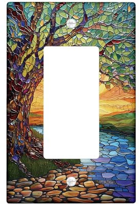 Stained Glass Tree Light Switch Cover Plate, Multicolor Vibrant Nature Scene Single Rocker Wall Plate for Spring Decor, Artistic Landscape Design, Easy to Install and Remove Single Rocker