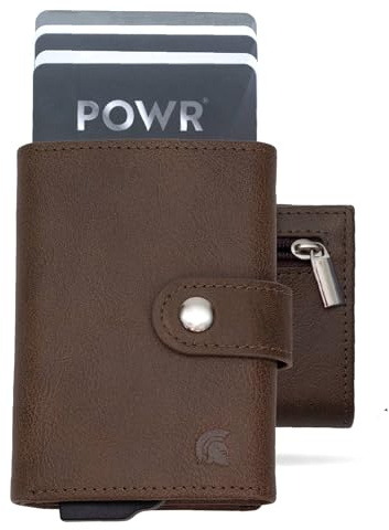 POWR Wallet Metal Cardholder with Coin Compartment. Brown Vegan Leather RFID Card Holder. Minimalist Bifold Wallet