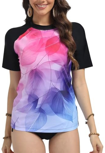 SURFEASY Women's UV Rash Vest UPF 50+ Rash Guard Quick Dry Beach Swim Shirt Swimming Wetsuits Tops Swimsuits Short Sleeve(Colorful Leaves,XL)