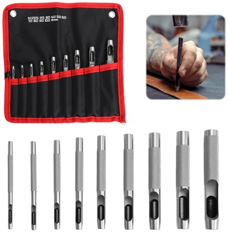 Set di 9 punzoni per cuoio – Fustellatrice per cuoio in acciaio temprato, fustelle per cuoios da 2,5 a 10 mm, con custodia in tela resistente, ideale per artigiani, pelle, tessuti e gomma