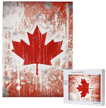 Canada Flag Printed Jigsaw Puzzle with Storage Box, Wooden Puzzle for Adults and Kids, 500 Pieces Family Fun Decorative Game, 38x52 CM
