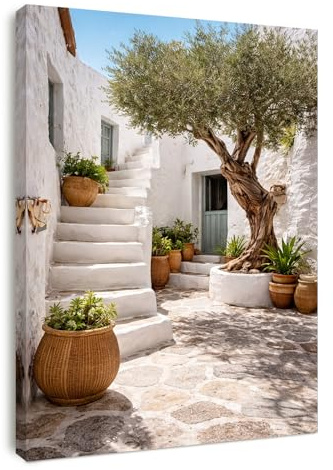 Alptiny Mediterranean Garden Canvas Wall Art - Olive Tree and Staircase Artwork for Living Room, Bedroom, and Hallway, Scenic Wall Decor for Home