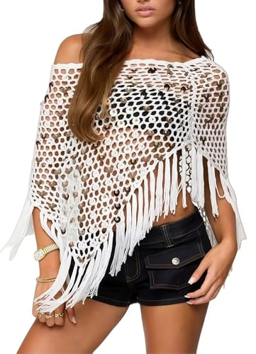 Women's Sequin Crochet Poncho Top Off-Shoulder Hollow Out Top with Fringe | Sparkly Loose Fit Tassel Knit Shrug Beach Cover Up Swimsuit, Handmade Fishnet Shawl for Casual Party Beach Wear