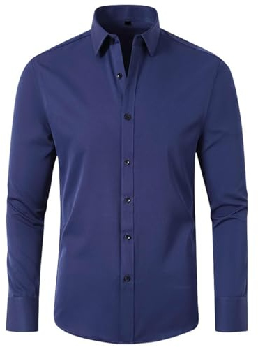 FlutVolt Långärmad herrskjorta, bomull vardaglig skjorta, business lätt ståkrage skjortor, stretch kostym bekväma arbetsskjortor, 07 Marinblå, 3XL