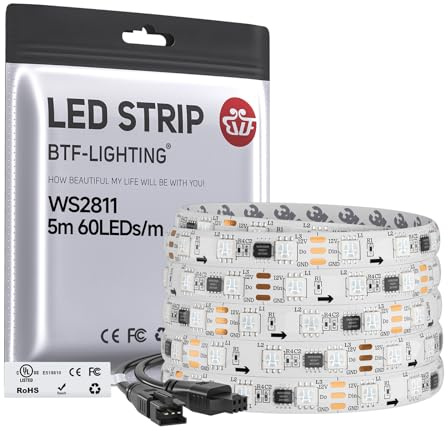 BTF-LIGHTING UL Listed WS2811 IC=RGB+IC Addressable Color RGB LED Strip,16.4FT 60LED/m 10Pixels/m,IP65 White PCB Flexible DC12V Chasing Effect for Indoor Home Decor,3M Tape(No Adapter or Controller)