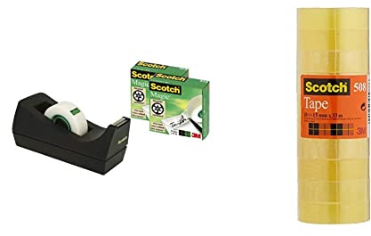 Scotch 3M Dispenser Da Tavolo Per Nastro Adesivo Magic, Porta Nastro Adesivo Con 3 Rotoli Magic Trasparente & Nastro Adesivo 3M, Trasparente Acrilico, 15 Mm X 33 M