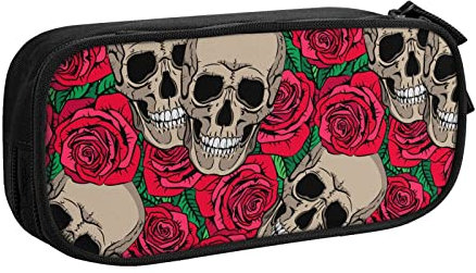 FJAUOQ Skulls Red Rose Pencil Case Compartments Pen Pouch Box Multifunctional Makeup Bag Holder Large Storage Stationery Organizer with Zipper for Office Travel