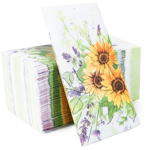 100 Pack Spring Sunflower Floral Guest Hand Towels Disposable for Bathroom, Sunflower Paper Napkins Decorative Spring Flowers Napkins for Bathroom Toilet Powder Room Holiday Wedding Bridal Shower