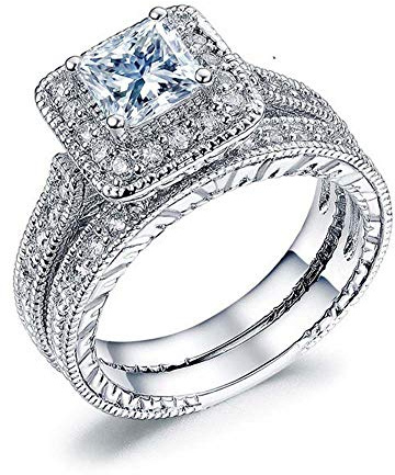 925 Sterling Silver Two in one Double-Layer Cubic Zirconia Wedding Ring for Women, Halo Wedding Ring Set, Men's and Women's Titanium Stainless Steel Ring 2-Piece Set Size 8