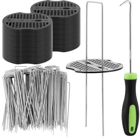 YOUNTHYE 100 Pack Weed Control Membrane Pegs, 6/150mm Weed Membrane Pegs 100 Buffer Washer, U-Shaped Metal Ground Pegs Heavy Duty Weed Mat Pegs for Garden Fencing
